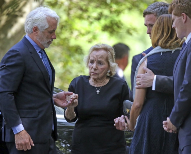 Ethel Kennedy is helped to the church during funeral services for her granddaughter Saoirse Roisin Kennedy Hill at Our Lady of Victory Church in Centerville, Mass., on Aug. 5, 2019. (David L Ryan/The Boston Globe via AP)