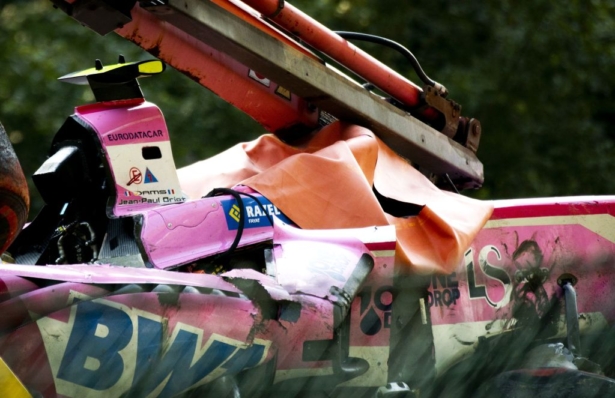The damaged car of BWT Arden's French driver Anthoine Hubert following a serious accident involving several drivers during a Formula 2 race at the Spa-Francorchamps circuit in Spa, Belgium on August 31, 2019 . (REMKO DE WAAL/AFP/Getty Images)