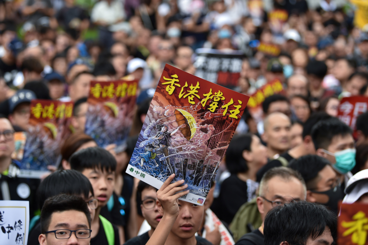 Protesters gather to take part in a march to the West Kowloon railway station, where high-speed trains depart for the Chinese mainland, during a demonstration against a proposed extradition bill in Hong Kong on July 7, 2019. (HECTOR RETAMAL/AFP/Getty Images)
