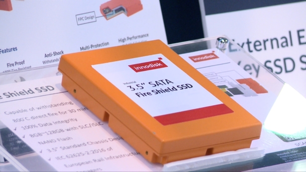 Innodisk displays its Fire Shield SSD that can withstand temperatures up to 800 degrees Celsius on August 6, 2019. (Jeffery Chen/NTD)