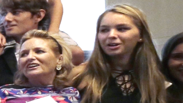 Saoirse Kennedy Hill (R), granddaughter of Ethel Kennedy and her late husband Robert F. Kennedy, poses for a family group photo with her mother Courtney Kennedy Hill (L) after a ceremony for naming the Robert Kennedy Navy Ship at the John F. Kennedy Presidential Library, in Boston, Mass., on Sept. 20, 2016. (Elise Amendola/AP Photo)