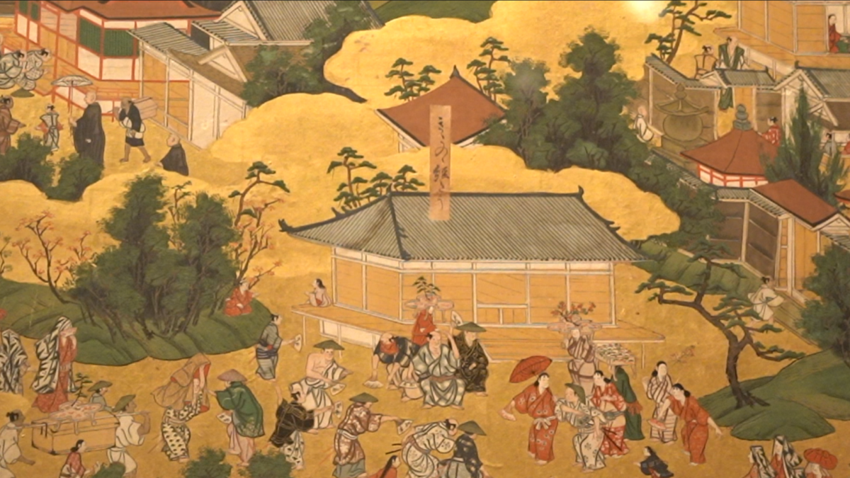 Details of "Scenes in and Around the Capital," a six-panel folding screen from the Edo period (1615~1868) of Japan, presenting panoramic views of Kyoto and its suburbs, on display at the Metropolitan Museum of Art in New York, August 2019. (Shenghua Song/NTD)