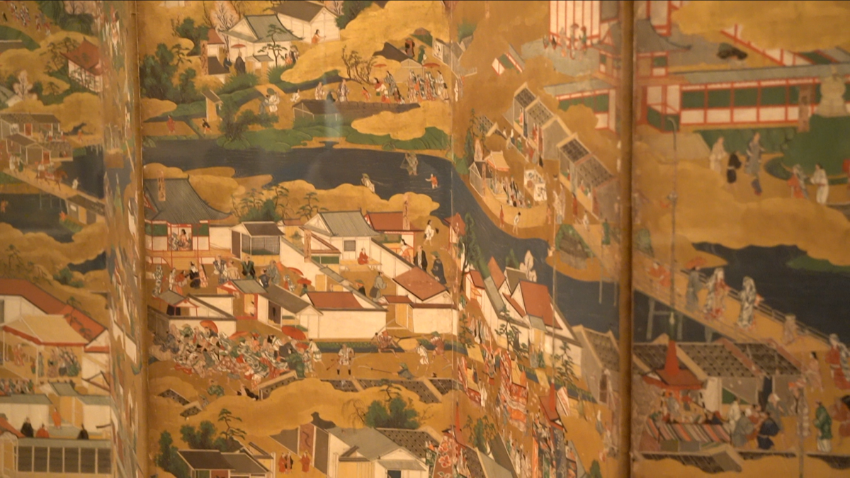 Details of "Scenes in and around the Capital," a six-panel folding screen from the Edo period (1615~1868) of Japan, presenting panoramic views of Kyoto and its suburbs, on display at the Metropolitan Museum of Art in New York, August 2019. (Shenghua Song/NTD)