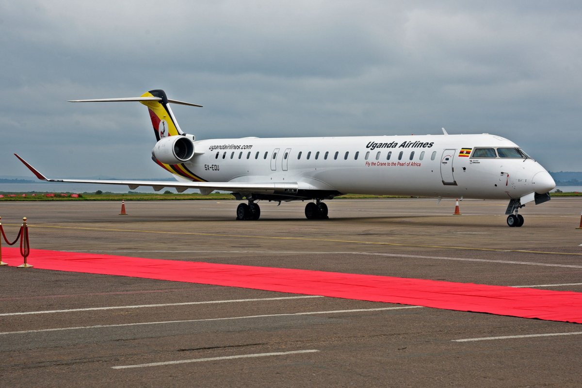 A Uganda Airlines Bombadier aircraft prepares for departure at Entebbe airport during the launch of Uganda Airlines maiden flight to Jomo Kenyatta International Airport in Nairobi on Aug. 27, 2019. (ISAAC KASAMANI/AFP/Getty Images)