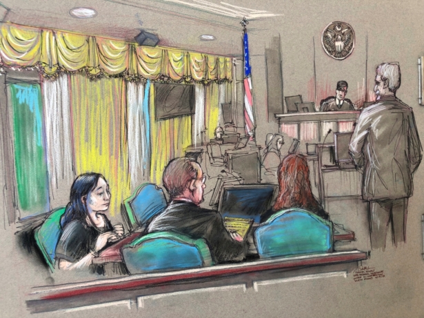 A file court sketch, Yujing Zhang (L), a Chinese woman charged with lying to illegally enter President Donald Trump's Mar-a-Lago club, listens to a hearing before Magistrate Judge William Matthewman in West Palm Beach, Fla., on Apr. 15, 2019. (Daniel Pontet via AP)