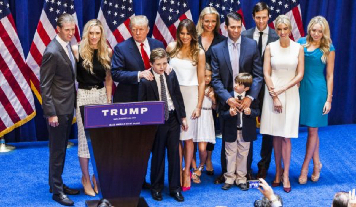 (L-R) Eric Trump, Lara Yunaska Trump, Donald Trump, Barron Trump, Melania Trump, Vanessa Haydon Trump, Kai Madison Trump, Donald Trump Jr., Donald John Trump III, Jared Kushner, Ivanka Trump, and Tiffany Trump at Trump Tower in New York on June 16, 2015. (Christopher Gregory/Getty Images)