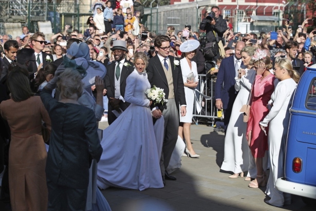 Newly married Ellie Goulding and Caspar Jopling leave York Minster after their wedding, in York, England, on Aug. 31, 2019. (Danny Lawson/PA via AP)