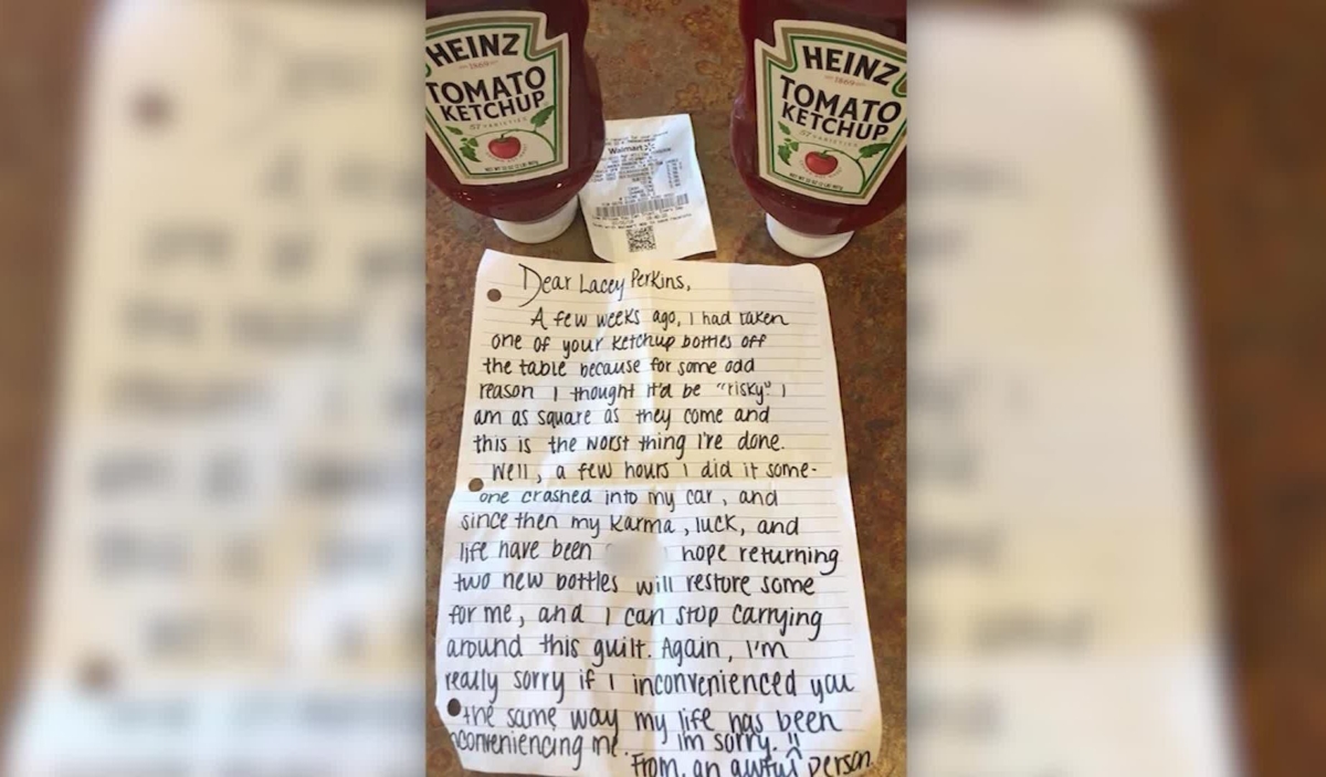 A note from a Heinz ketchup thief. (Perkins Restaurant & Bakery)