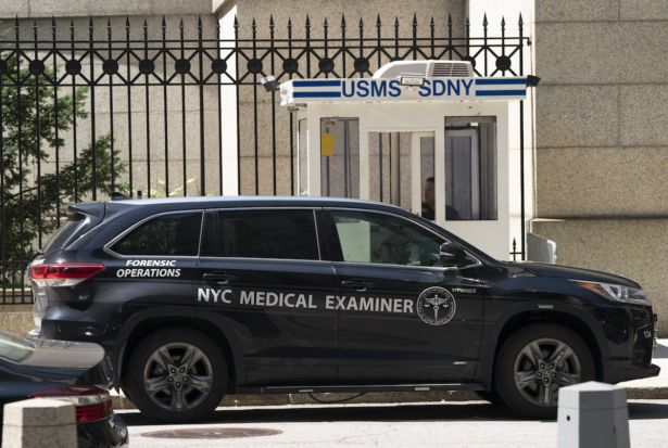A New York Medical Examiner's car is parked outside the Metropolitan Correctional Center where financier Jeffrey Epstein was being held, on Aug. 10, 2019.(Don Emmert/AFP/Getty Images)