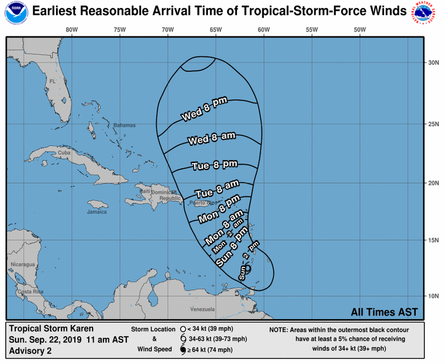 The forecast path of Tropical Storm Karen as of Sept. 22, 2019. (National Hurricane Center)