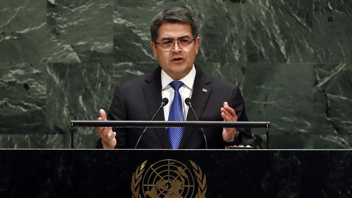Honduras President Juan Orlando Hernandez Alvarado addresses the United Nations General Assembly on Sept. 25, 2019. (Richard Drew/AP Photo)