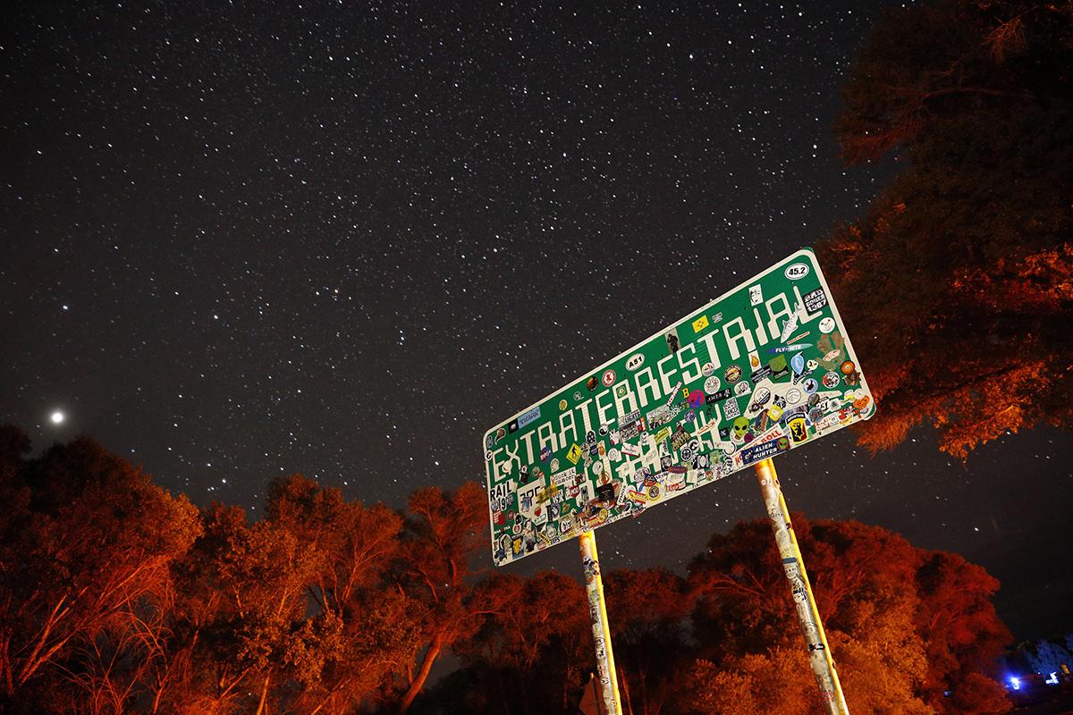A sign advertises State Route 375 as the Extraterrestrial Highway, on way to the Nevada Test and Training Range near Area 51, in Crystal Springs, Nevada, on July 22, 2019 (AP Photo/John Locher)
