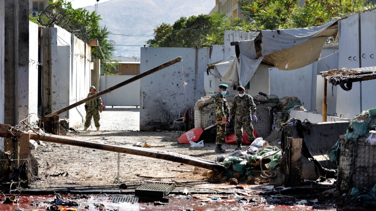 Afghan security forces work at the site of a suicide attack near the U.S. Embassy in Kabul, Afghanistan on Sept. 17, 2019. (Ebrahim Noroozi/AP Photo)