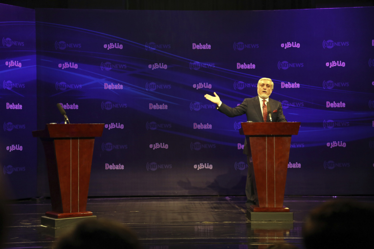 Afghanistan presidential candidate Abdullah Abdullah speaks during the first presidential election debate at the Ariana TV building, a private TV station, in Kabul, Afghanistan on Sept. 16, 2019. (Rahmat Gul/AP Photo)