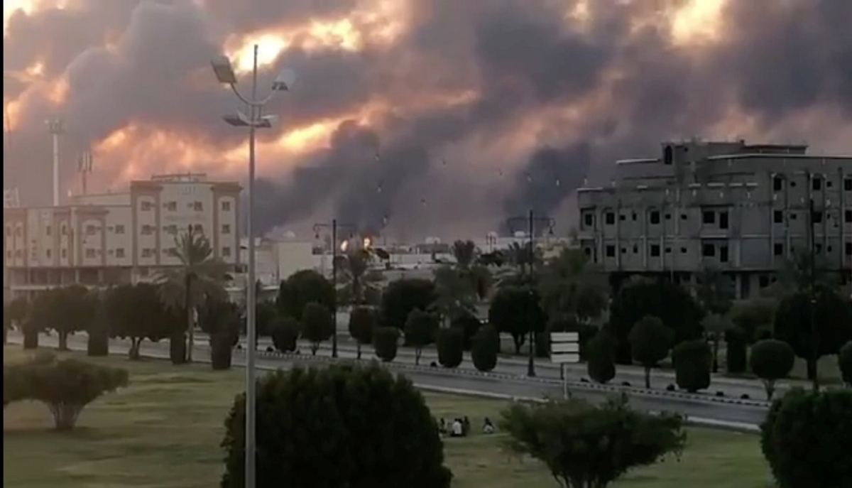 Smoke is seen following a fire at an Aramco factory in Abqaiq, Saudi Arabia, on Sept. 14, 2019. (Reuters)