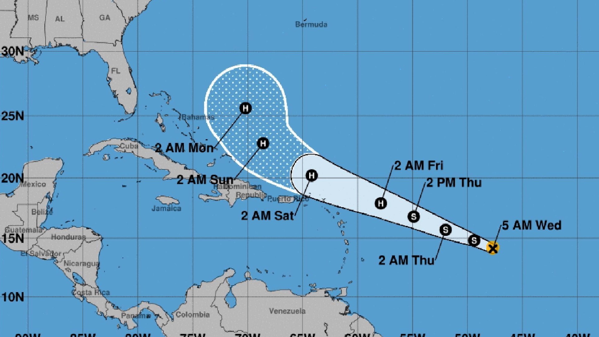 The probable path of Tropical Storm Jerry as of Sept. 18, 2019. (National Hurricane Center/NOAA)