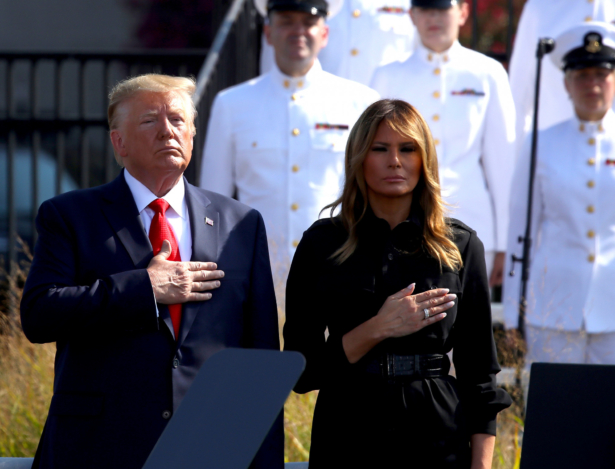 President Donald Trump and first lady Melania Trump take part in a 911 memorial ceremony at the Pentagon to commemorate the anniversary of the 9/11 terror attacks, Arlington, Va., Sept. 11, 2019. (Mark Wilson/Getty Images)