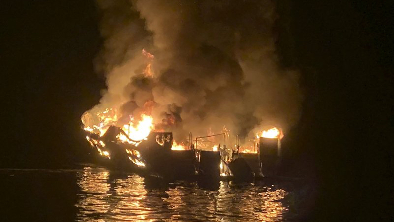 A dive boat is engulfed in flames after a deadly fire broke out aboard the commercial scuba diving vessel off the Southern California Coast on Sept. 2, 2019. (Santa Barbara County Fire Department via AP)