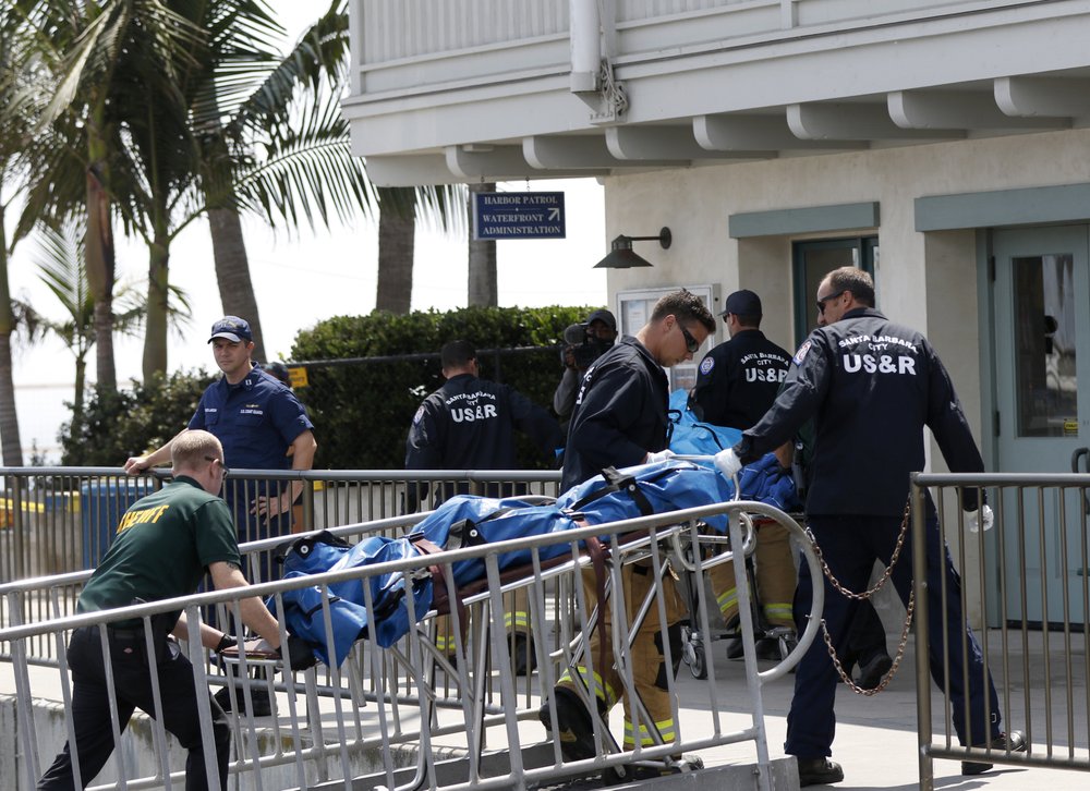 Santa Barbara City Search and Rescue along with Santa Barbara Sheriff's officers move a recovered body on the dock at Santa Barbara Harbor in Santa Barbara, Calif. on Sept. 2, 2019. (Daniel Dreifuss/AP)