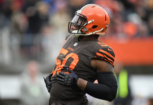 Chris Smith #50 of the Cleveland Browns reacts after making a tackle during the first half against the Cincinnati Bengals at FirstEnergy Stadium in Cleveland, Ohio on Dec. 23, 2018. (Jason Miller/Getty Images)