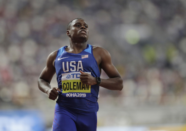 Christian Coleman of the United States competes during the men’ 100 meters heats at the World Athletics Championships in Doha, Qatar, on Sept. 27, 2019. (AP Photo/Petr David Josek)