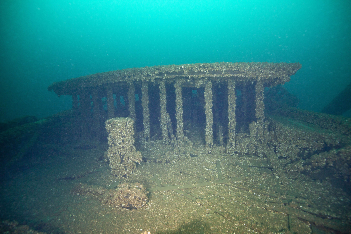 Part of the wreckage of the schooners Peshtigo and St. Andrews, lost in 1878 near Beaver Island in northern Lake Michigan, photo taken on Aug. 28, 2019. (John Janzen via AP)