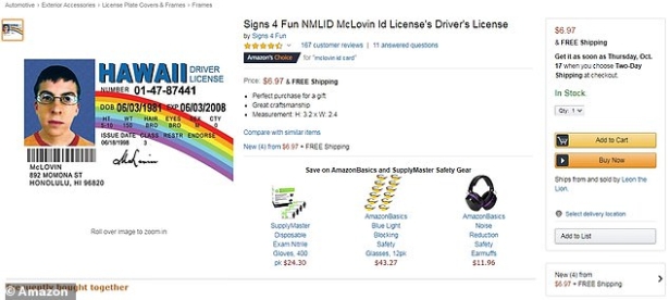 A fake driving license in the name of McLovin with a picture of the movie character from the film Superbad, as available online at Amazon.com for $6.97 (screenshot Amazon.com)