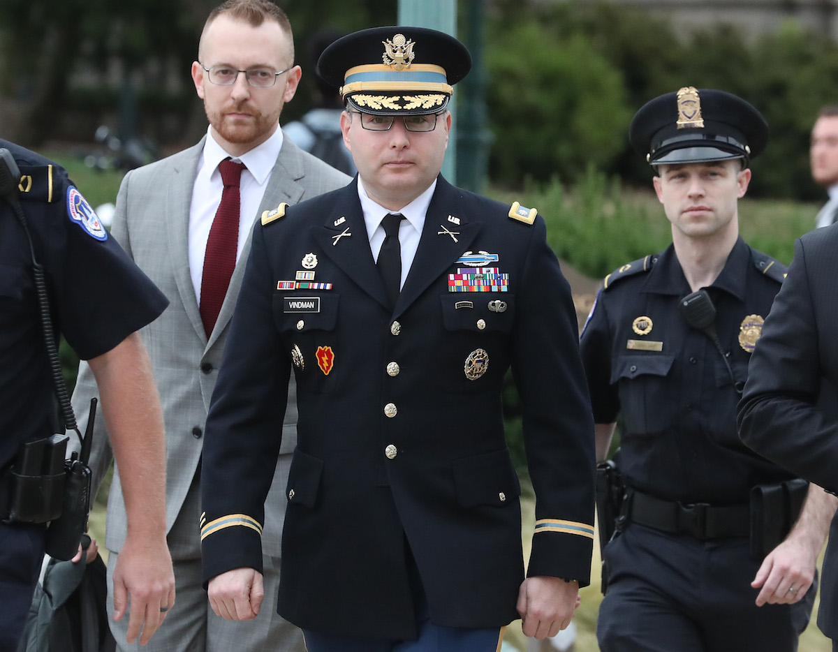 Lt. Col. Alexander Vindman (C), director for European Affairs at the National Security Council, arrives at the Capitol in Washington on Oct. 29, 2019. (Mark Wilson/Getty Images)