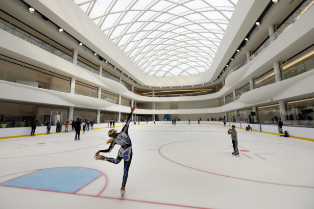 Sabrina Piliero, with World Ice Events, practices on the rink at the American Dream mega entertainment and shopping complex in East Rutherford, N.J., on Oct. 25, 2019. (Richard Drew/AP Photo)