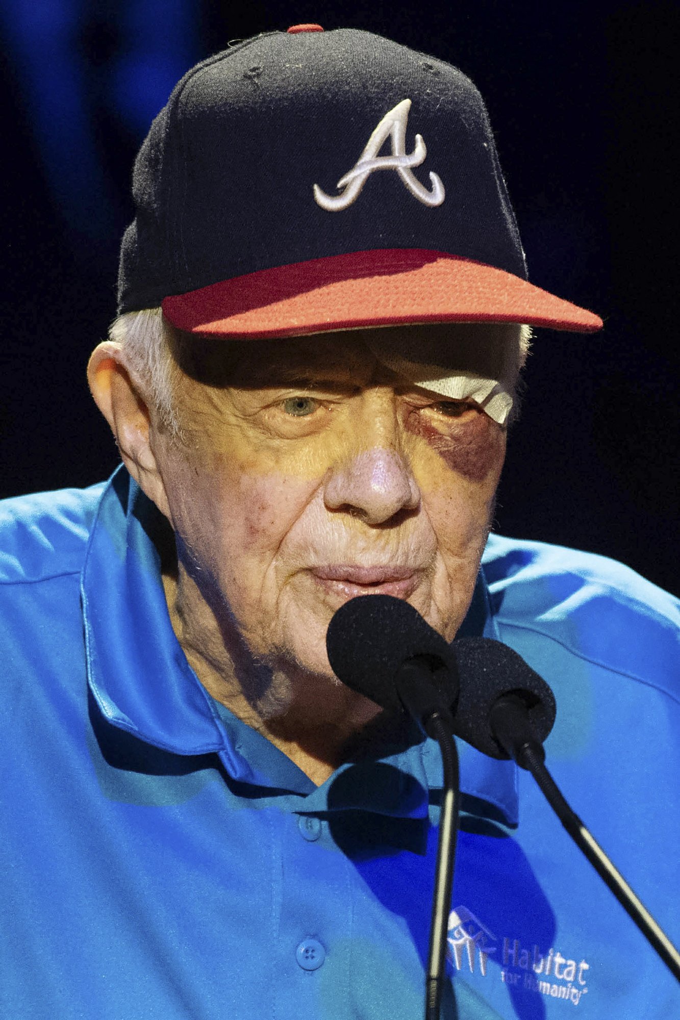 Former President Jimmy Carter speaks during the Habitat for Humanity Jimmy and Rosalynn Carter Work Project opening ceremony at the Ryman Auditorium on Oct. 6, 2019, in Nashville, Tenn. (Courtney Pedroza/The Tennessean via AP)
