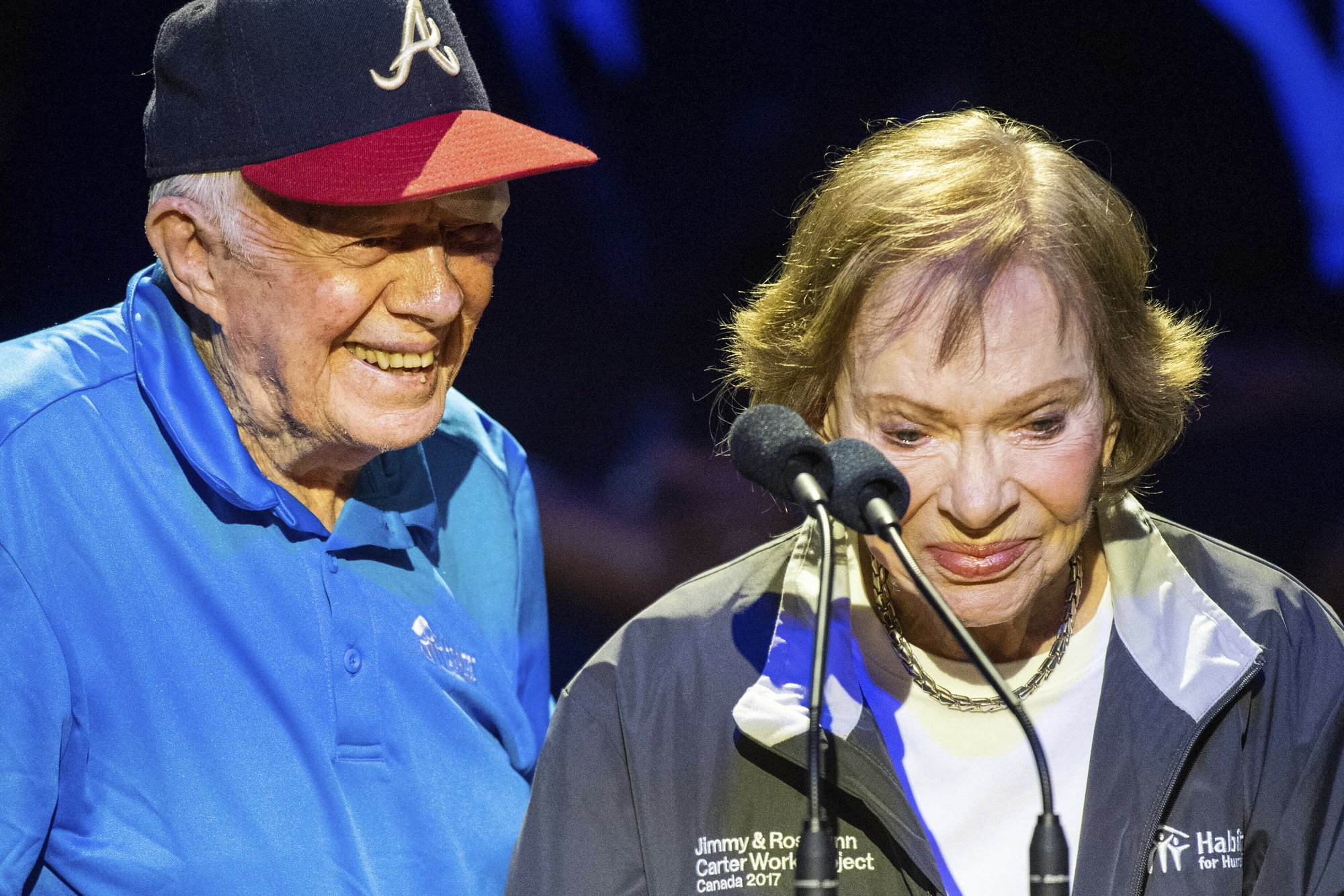 Former President Jimmy Carter and former First Lady Rosalynn Carter speak during the Habitat for Humanity Jimmy and Rosalynn Carter Work Project opening ceremony at the Ryman Auditorium on Oct. 6, 2019, in Nashville, Tenn. (Courtney Pedroza/The Tennessean via AP)