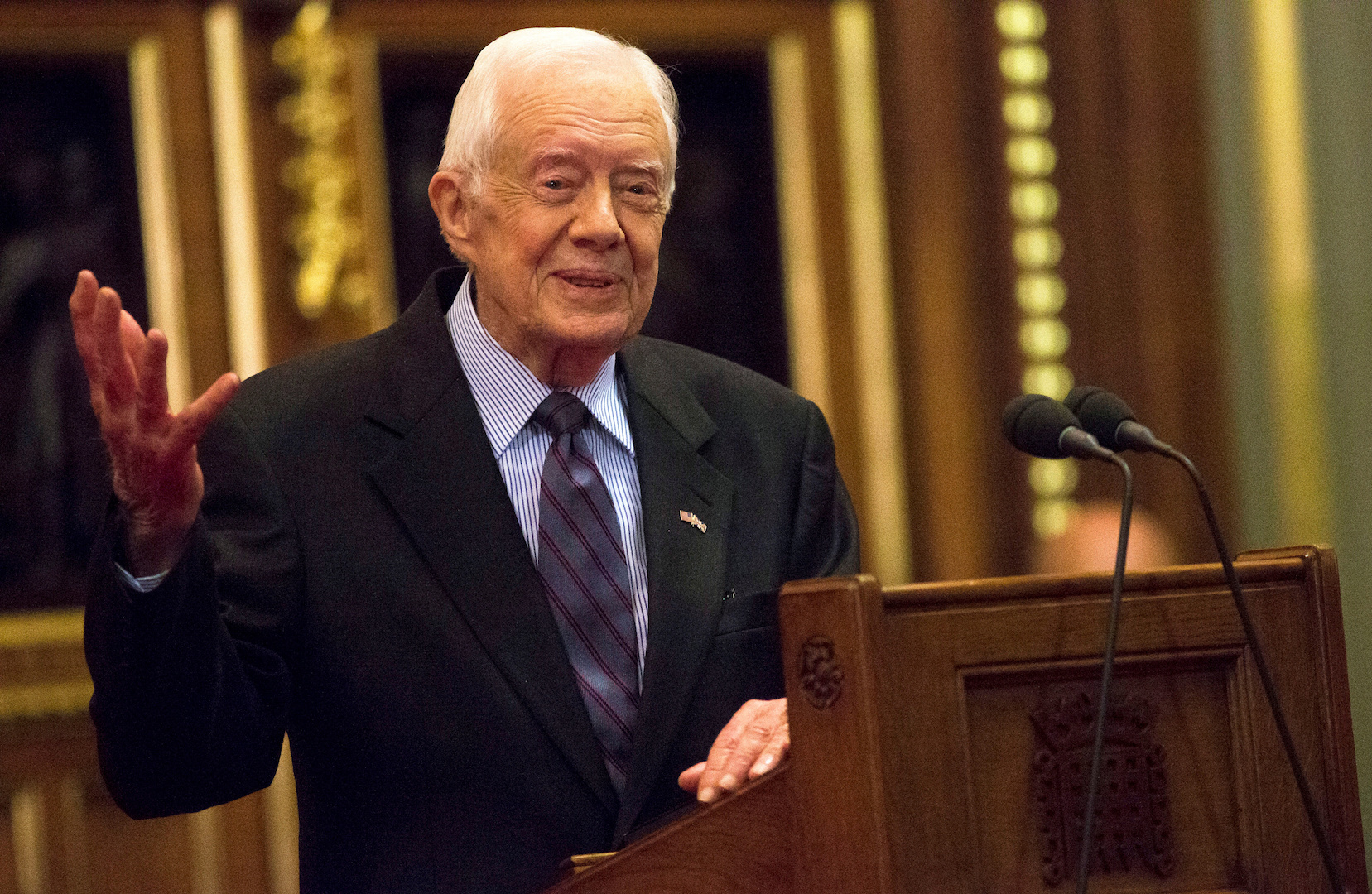 Former U.S. President Jimmy Carter delivers a lecture on the eradication of the Guinea worm, at the House of Lords in London, UK on Feb. 3, 2016. (Neil Hall/File Photo/Reuters)