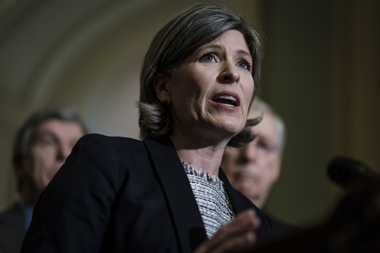 Senator Joni Ernst (R-IA) speaks to the media following their weekly policy luncheon in Washington, D.C., on April 30, 2019. (Pete Marovich/Getty Images)
