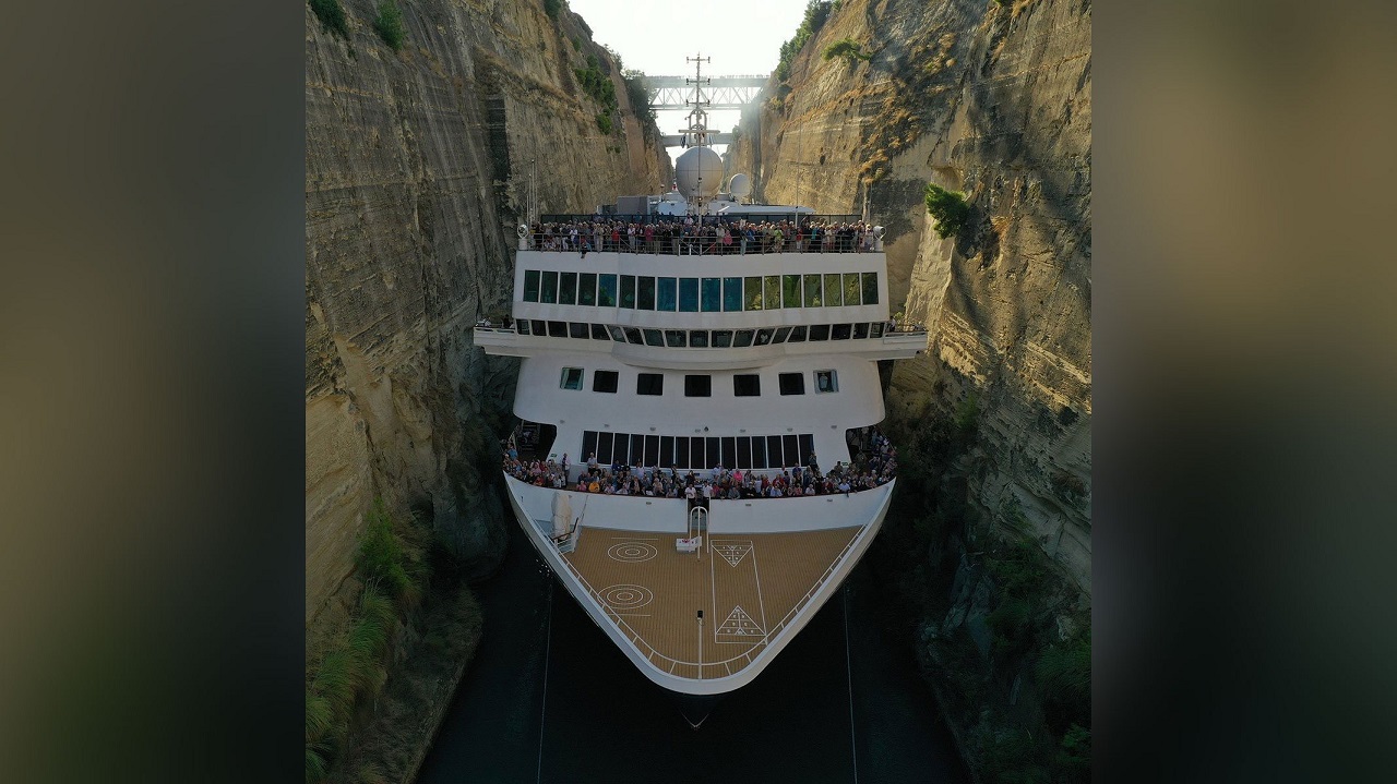 Cruise passengers held their breath as a 22.5 meter wide cruise liner became the largest boat to pass through Greece's narrow Corinth Canal, according to its operator. (Courtesy Fred Olsen Cruise Lines)