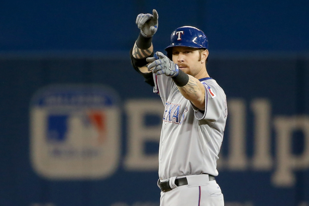 Josh Hamilton #32 of the Texas Rangers reacts after doubling in the sixth inning against the Toronto Blue Jays in game five of the American League Division Series at Rogers Centre in Toronto, Canada, on Oct. 14, 2015. (Tom Szczerbowski/Getty Images)