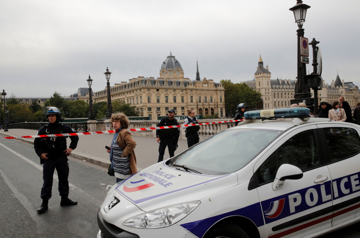 French police secure the area in front of the Paris Police headquarters in Paris, France on Oct. 3, 2019. (Philippe Wojazer/Reuters)