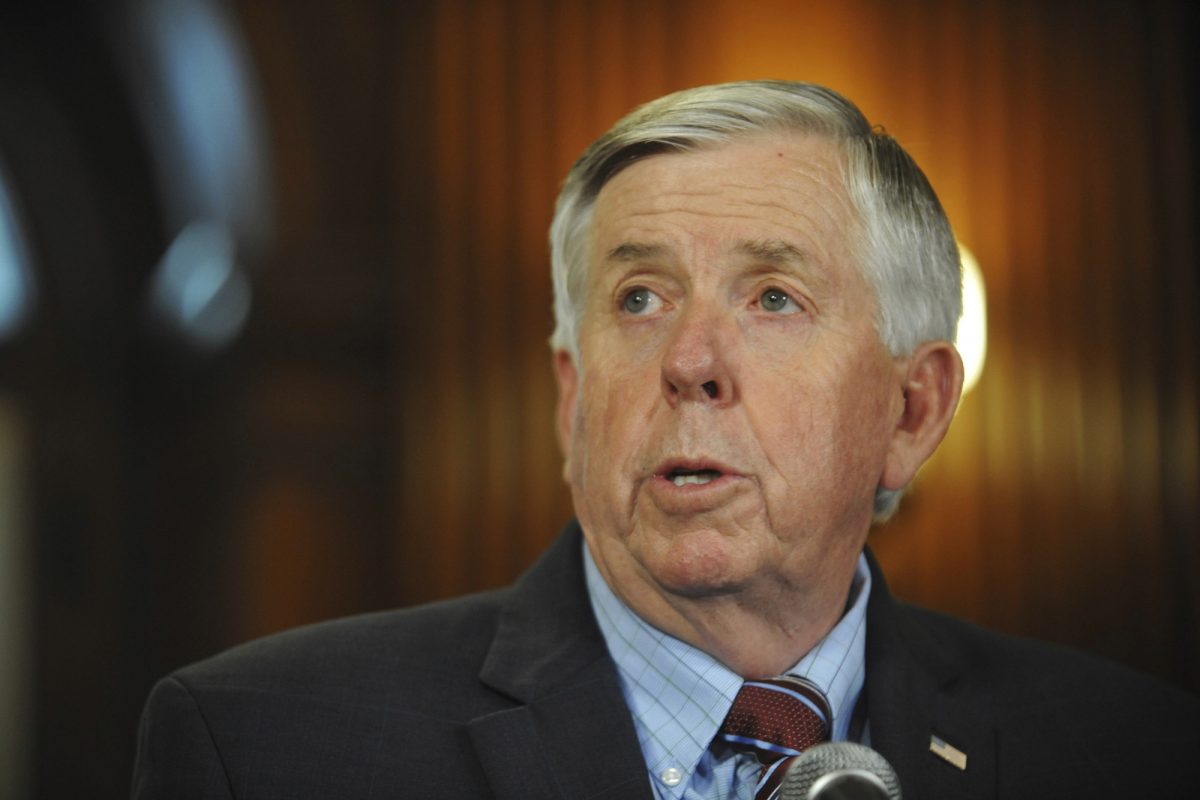Missouri Gov. Mike Parson addresses the media during a news conference in his Capitol office in Jefferson City, Mo., on May 29, 2019. (Julie Smith/The Jefferson City News-Tribune via AP)