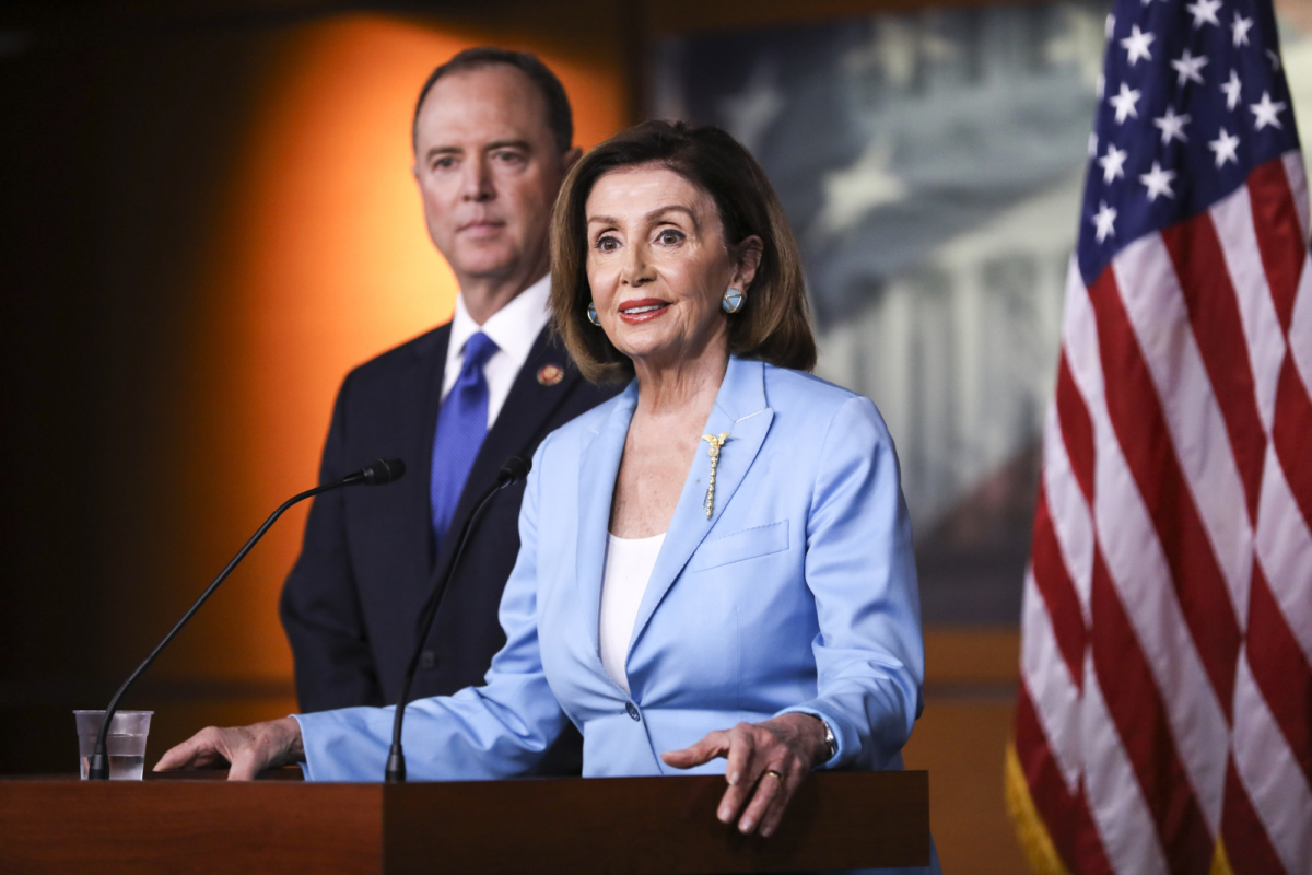 Speaker of the House Nancy Pelosi (D-Calif.) and Rep. Adam Schiff (D-Calif.), House intelligence chairman, hold a press conference about the impeachment inquiry of President Trump, at the Capitol in Washington on Oct. 2, 2019. (Charlotte Cuthbertson/The Epoch Times)