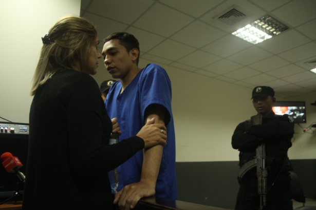Orlando Tercero visits with his mother Martha Moreno, during a court recess, in Managua, Nicaragua, on Oct. 11, 2019. (Oscar Duarte/AP Photo)