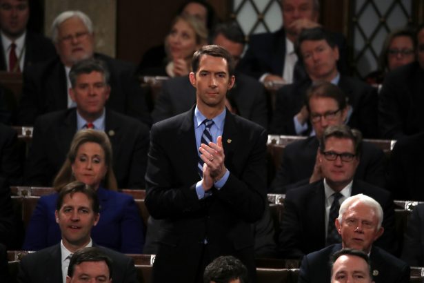 Sen. Tom Cotton (R-AK) applauds during the State of the Union address in the chamber of the House of Representatives in Washington on Jan. 30, 2018. (Mark Wilson/Getty Images)