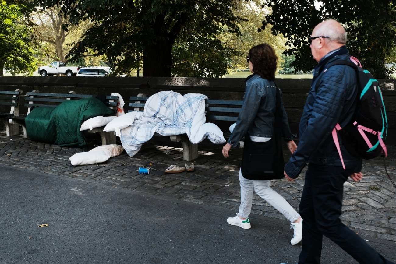 Items belonging to the homeless sit along the edge of Central Park's north end in New York, New York, on September 18, 2019. (Spencer Platt/Getty Images)
