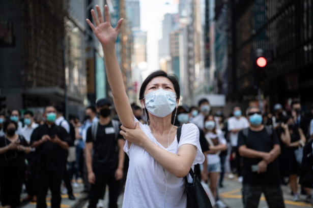 People protest a government ban on face masks in Central, Hong Kong, on Oct. 4, 2019. (Laurel Chor/Getty Images)