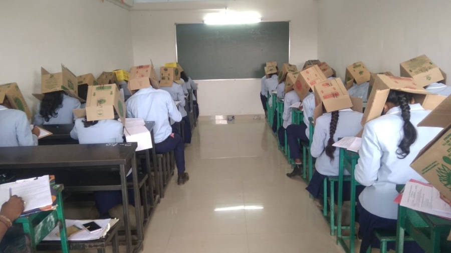 Indian Students Wear Boxes on Their Heads During Exam to Prevent Cheating
