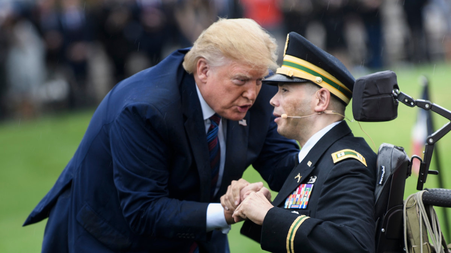 Trump Embraces Wheel-Chaired Veteran Who Sang ‘God Bless America’ at Military Ceremony