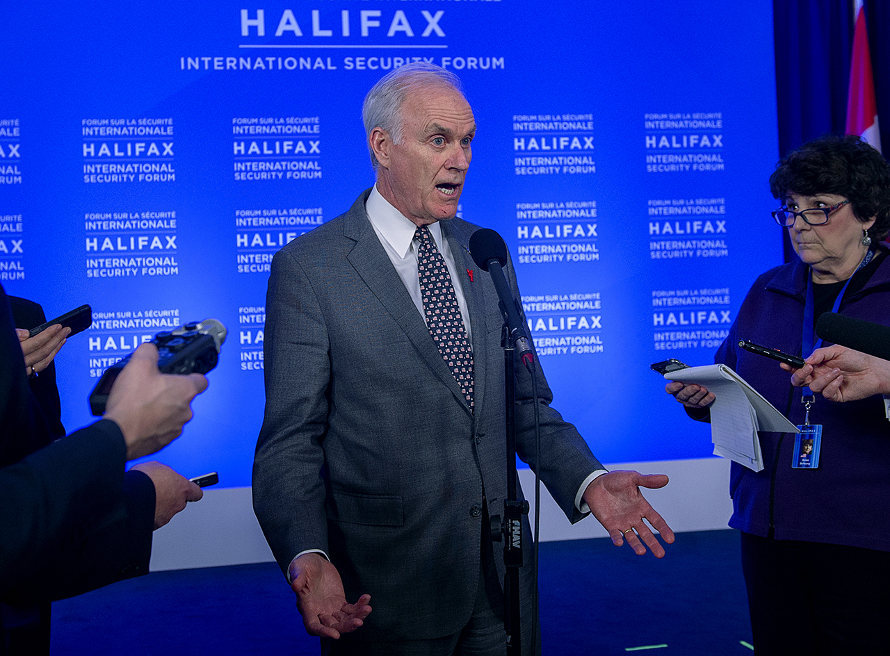 In this Saturday, Nov. 23, 2019 photo, former U.S. Navy Secretary Richard Spencer fields questions at a media availability at the Halifax International Security Forum in Halifax, Nova Scotia. (Andrew Vaughan/The Canadian Press via AP)
