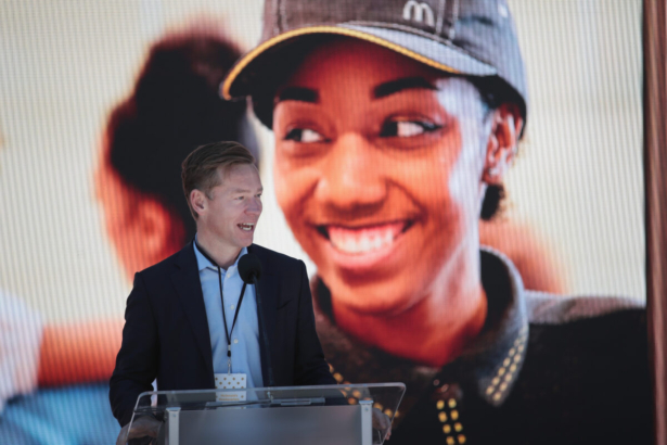 Chris Kempczinski, president of McDonald’s USA, speaks at the unveiling of McDonald’s new corporate headquarters during a grand opening ceremony in Chicago, Ill., on June 4, 2018. (Scott Olson/Getty Images)