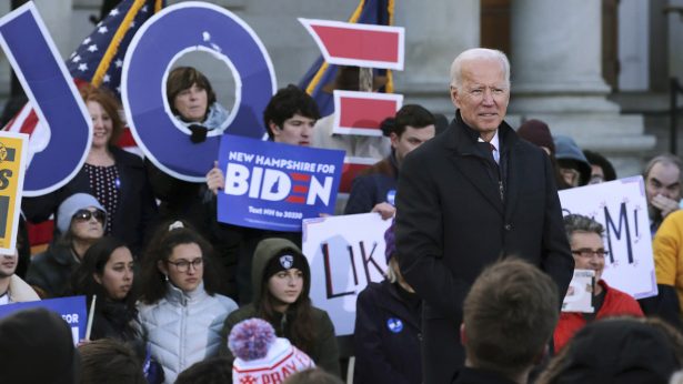 Democratic presidential candidate former Vice President Joe Biden speaks to supporters outside the New Hampshire State House after he filed to have his name listed on the New Hampshire primary ballot, in Concord, N.H. on Friday, Nov. 8, 2019, (AP Photo/Charles Krupa)