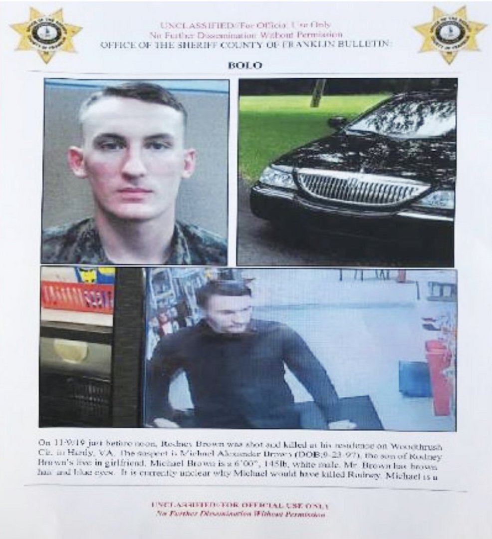 In this undated image released by the Franklin County (Va.) Sheriff's Office, U. S. Marine Michael Alexander Brown is shown. (Franklin County (Va.) Sheriff's Office via AP)