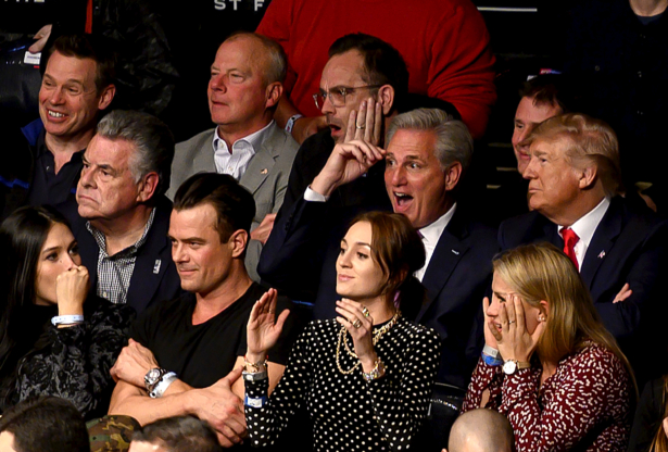 President Donald Trump (R) flanked by House Minority Leader Kevin McCarthy (2R) react as they watch the Ultimate Fighting Championship at Madison Square Garden in New York City, N.Y., on Nov. 2, 2019. (Andrew Caballero-reynolds/AFP via Getty Images)