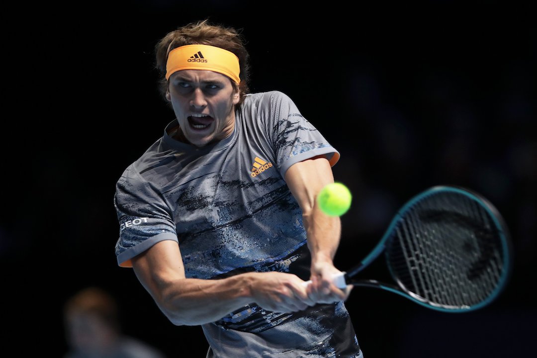 Alexander Zverev of Germany plays a backhand in his singles match against Rafael Nadal of Spain during Day Two of the Nitto ATP World Tour Finals at The O2 Arena in London, England on Nov. 11, 2019. (Julian Finney/Getty Images)